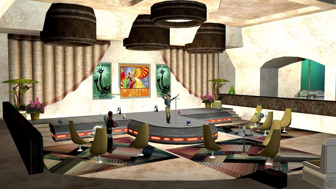 A packed cantina on the Starlight galaxy, musician performing on stage